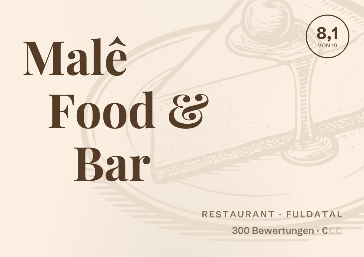 Illustriertes Poster von Malê Food & Bar, Restaurant in Fuldatal: Bewertung 8,1 von 10 aus 300 Bewertungen, Preisniveau €