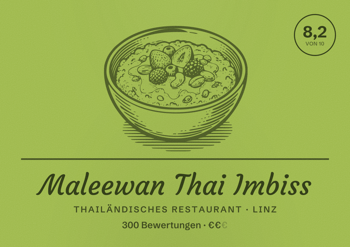 Illustriertes Poster von Maleewan Thai Imbiss, Thailändisches Restaurant in Linz: Bewertung 8,2 von 10 aus 300 Bewertungen, Preisniveau €€