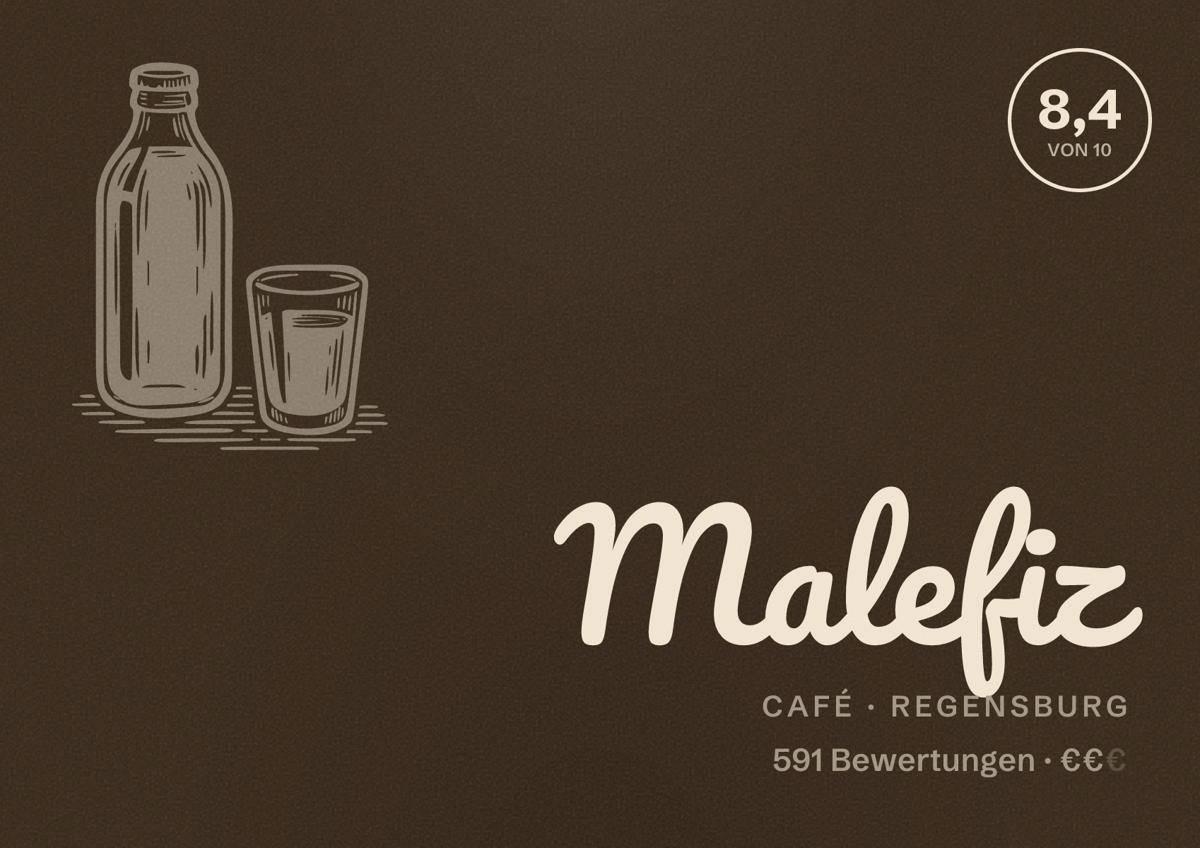 Illustriertes Poster von Malefiz, Café in Regensburg: Bewertung 8,4 von 10 aus 591 Bewertungen, Preisniveau €€
