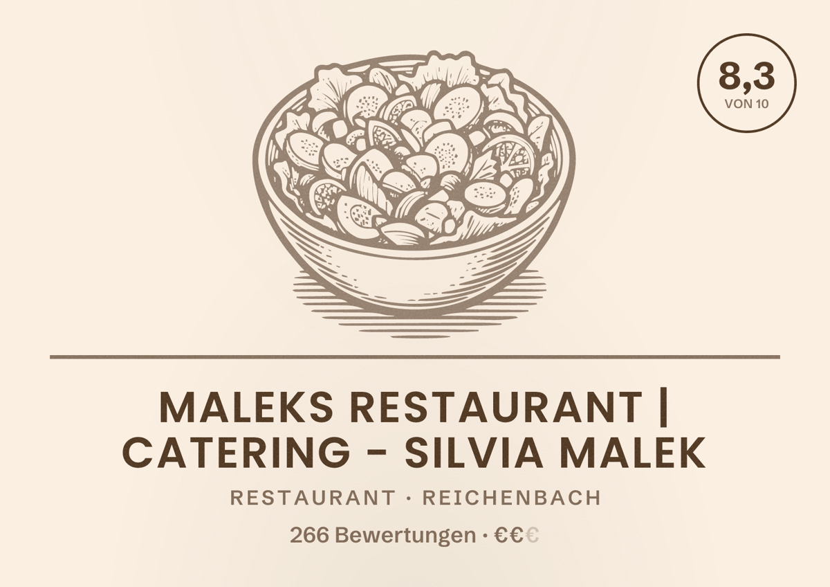 Illustriertes Poster von Maleks Restaurant | Catering - Silvia Malek, Restaurant in Reichenbach: Bewertung 8,3 von 10 aus 266 Bewertungen, Preisniveau €€
