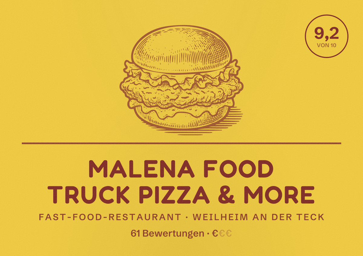 Illustriertes Poster von MALENA FOOD TRUCK PIZZA & MORE, Fast-Food-Restaurant in Weilheim an der Teck: Bewertung 9,2 von 10 aus 61 Bewertungen, Preisniveau €