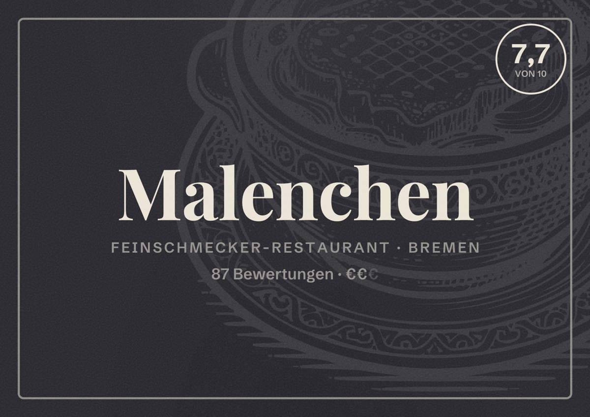 Illustriertes Poster von Malenchen, Feinschmecker-Restaurant in Bremen: Bewertung 7,7 von 10 aus 87 Bewertungen, Preisniveau €€
