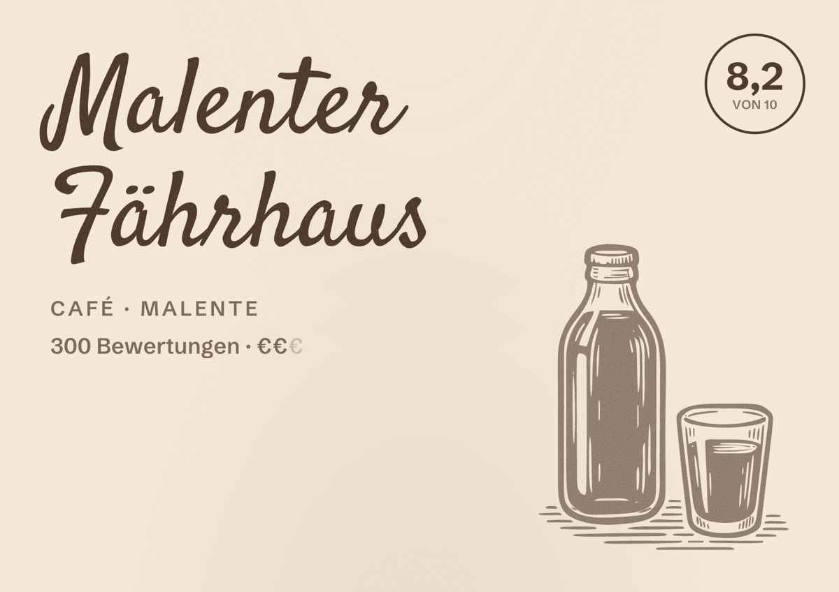 Illustriertes Poster von Malenter Fährhaus, Café in Malente: Bewertung 8,2 von 10 aus 300 Bewertungen, Preisniveau €€
