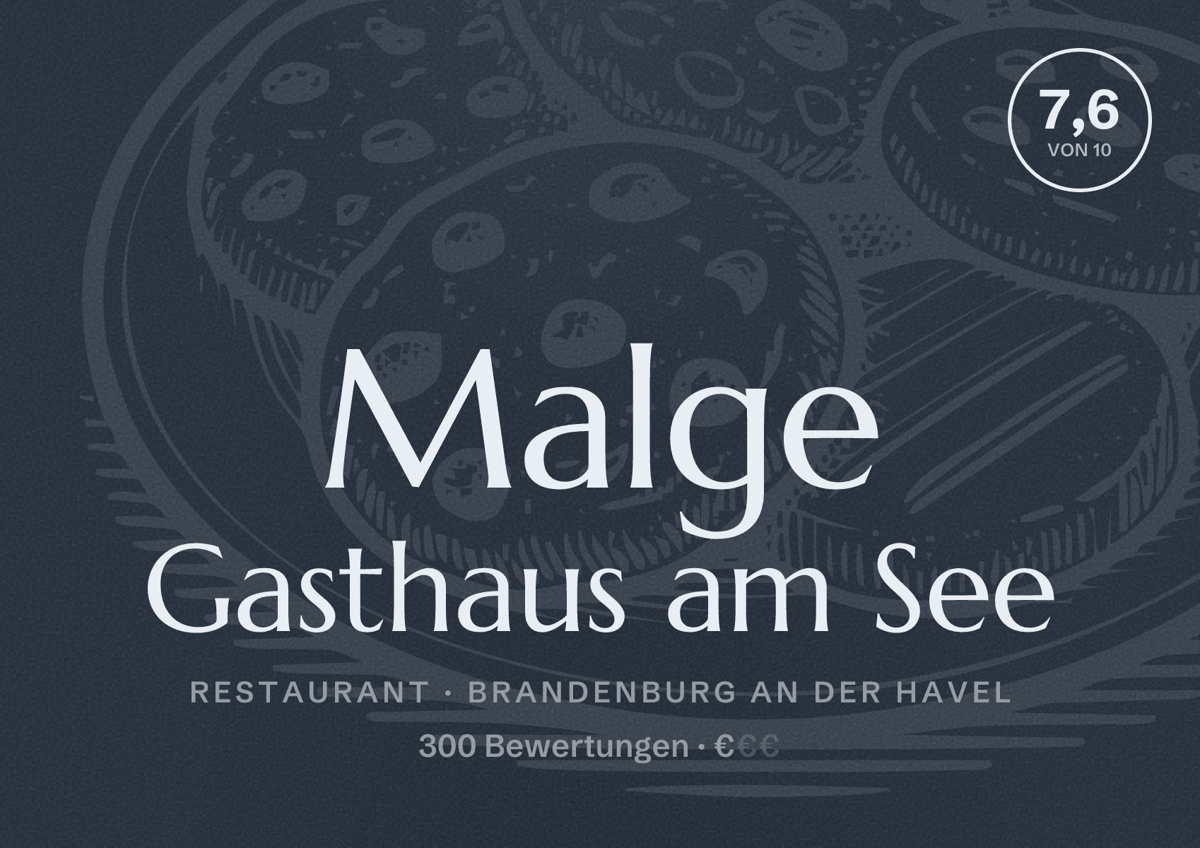 Illustriertes Poster von Malge Gasthaus am See, Restaurant in Brandenburg an der Havel: Bewertung 7,6 von 10 aus 300 Bewertungen, Preisniveau €