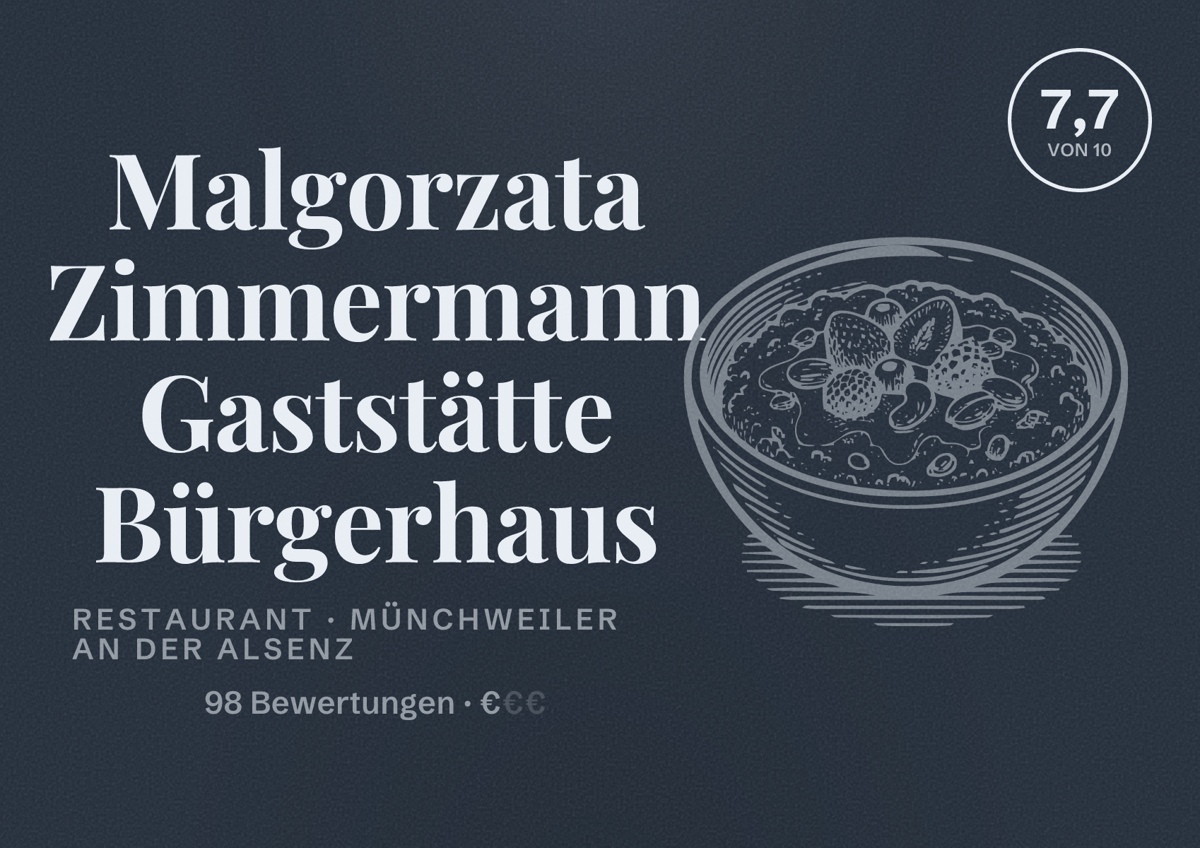 Illustriertes Poster von Malgorzata Zimmermann Gaststätte Bürgerhaus, Restaurant in Münchweiler an der Alsenz: Bewertung 7,7 von 10 aus 98 Bewertungen, Preisniveau €