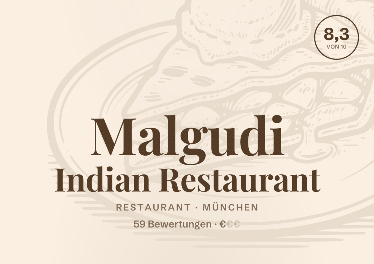 Illustriertes Poster von Malgudi Indian Restaurant, Restaurant in München: Bewertung 8,3 von 10 aus 59 Bewertungen, Preisniveau €
