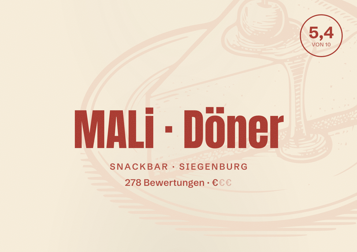 Illustriertes Poster von MALi Döner, Snackbar in Siegenburg: Bewertung 5,4 von 10 aus 278 Bewertungen, Preisniveau €