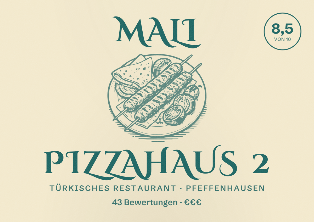 Illustriertes Poster von Mali Pizzahaus 2, Türkisches Restaurant in Pfeffenhausen: Bewertung 8,5 von 10 aus 43 Bewertungen, Preisniveau €€€