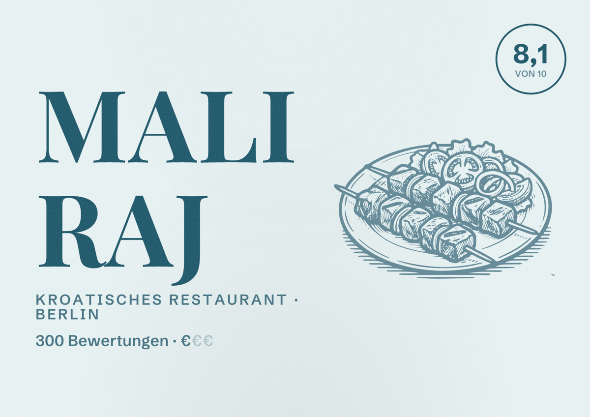 Illustriertes Poster von Mali Raj, Kroatisches Restaurant in Berlin: Bewertung 8,1 von 10 aus 300 Bewertungen, Preisniveau €