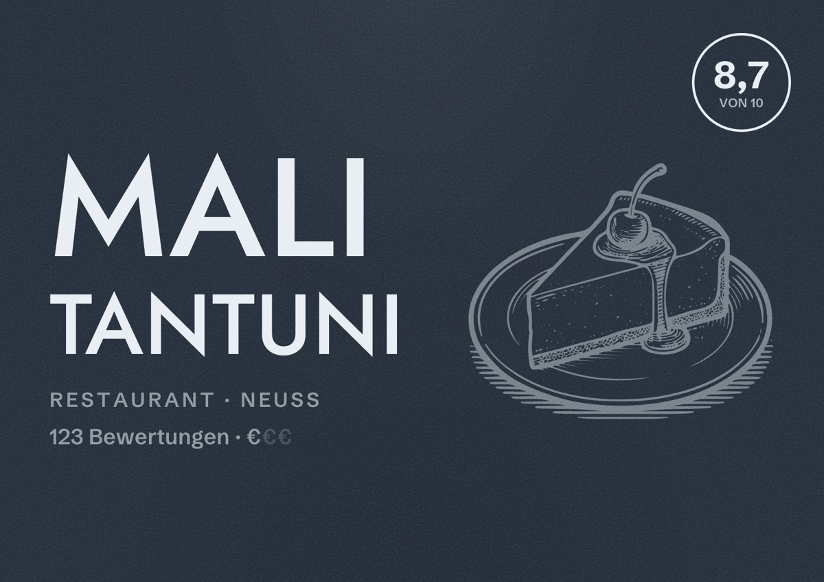 Illustriertes Poster von Mali Tantuni, Restaurant in Neuss: Bewertung 8,7 von 10 aus 123 Bewertungen, Preisniveau €