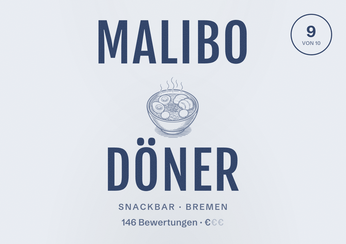 Illustriertes Poster von Malibo Döner, Snackbar in Bremen: Bewertung 9 von 10 aus 146 Bewertungen, Preisniveau €