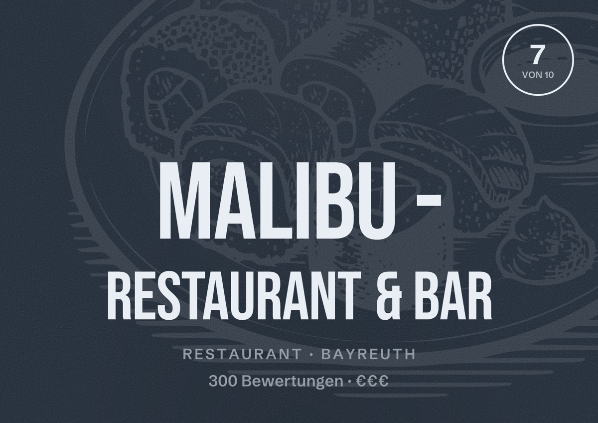 Illustriertes Poster von Malibu - Restaurant & Bar, Restaurant in Bayreuth: Bewertung 7 von 10 aus 300 Bewertungen, Preisniveau €€€