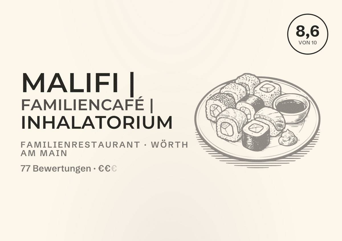Illustriertes Poster von Malifi | Familiencafé | Inhalatorium, Familienrestaurant in Wörth am Main: Bewertung 8,6 von 10 aus 77 Bewertungen, Preisniveau €€