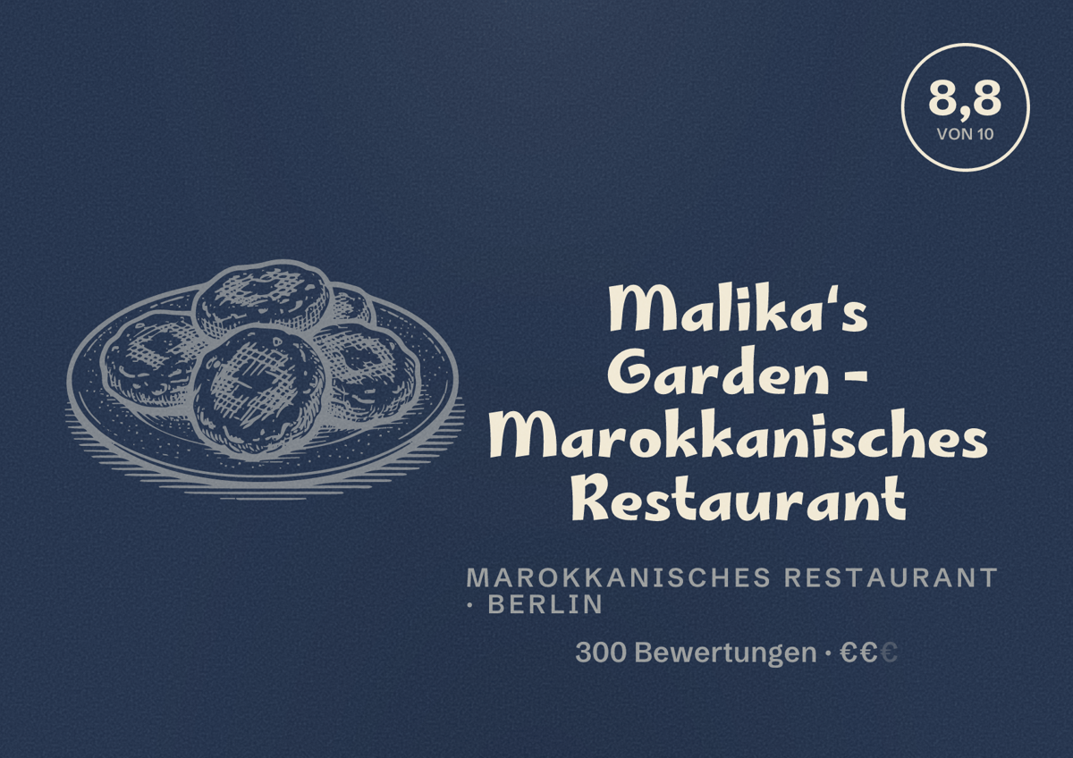 Illustriertes Poster von Malika‘s Garden - Marokkanisches Restaurant, Marokkanisches Restaurant in Berlin: Bewertung 8,8 von 10 aus 300 Bewertungen, Preisniveau €€