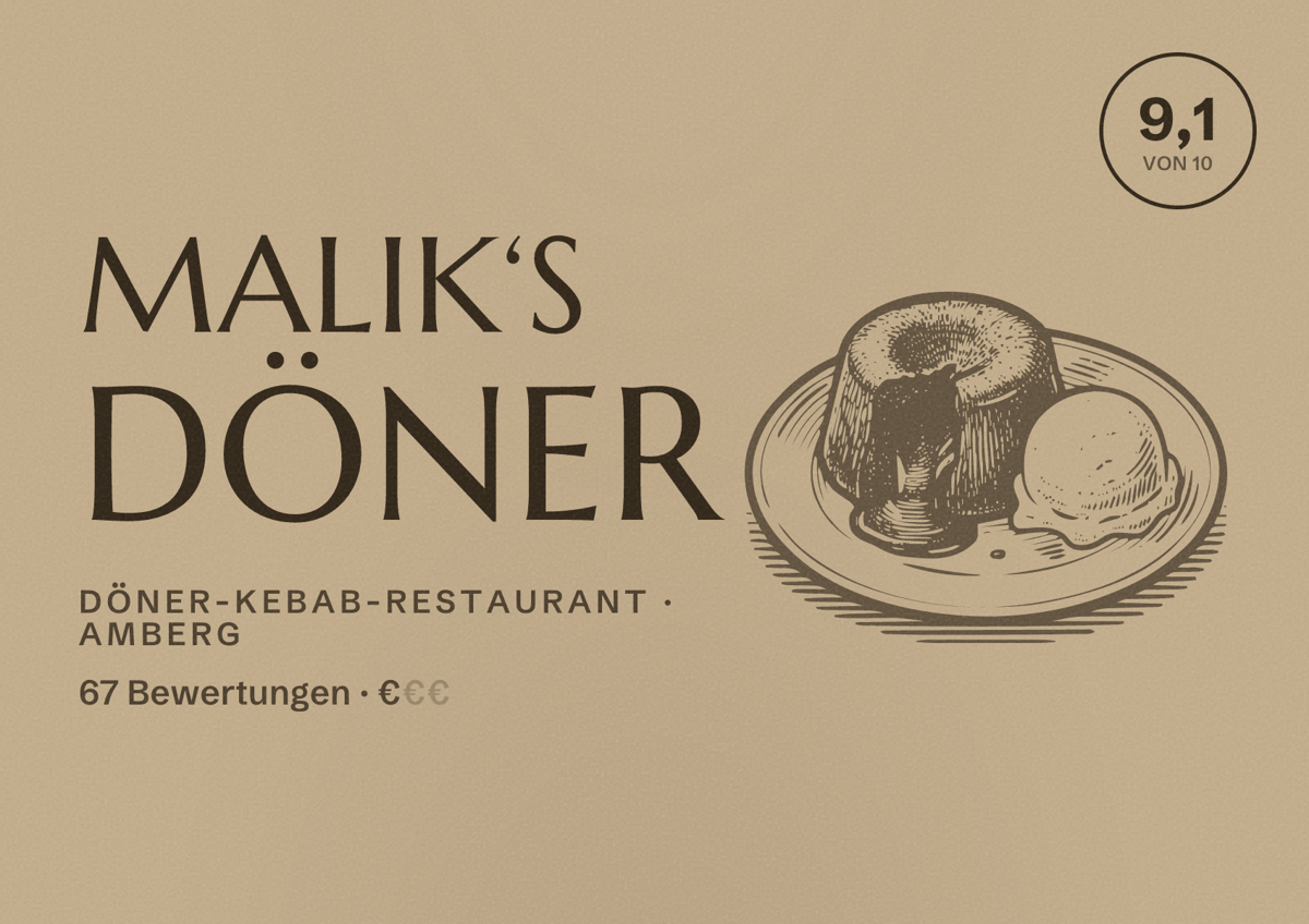 Illustriertes Poster von Malik‘s Döner, Döner-Kebab-Restaurant in Amberg: Bewertung 9,1 von 10 aus 67 Bewertungen, Preisniveau €