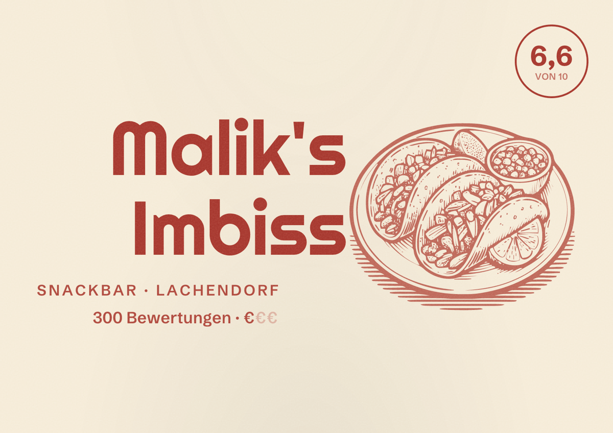 Illustriertes Poster von Malik's Imbiss, Snackbar in Lachendorf: Bewertung 6,6 von 10 aus 300 Bewertungen, Preisniveau €