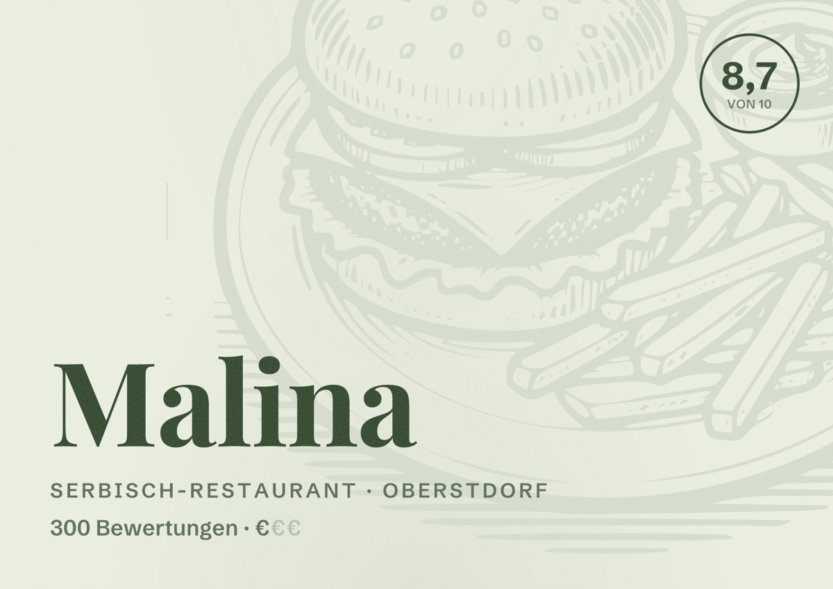 Illustriertes Poster von Malina, Serbisch-Restaurant in Oberstdorf: Bewertung 8,7 von 10 aus 300 Bewertungen, Preisniveau €