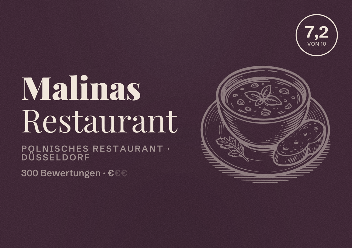 Illustriertes Poster von Malinas Restaurant, Polnisches Restaurant in Düsseldorf: Bewertung 7,2 von 10 aus 300 Bewertungen, Preisniveau €