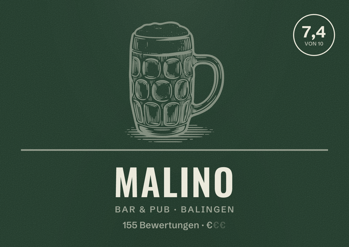 Illustriertes Poster von Malino, Bar & Pub in Balingen: Bewertung 7,4 von 10 aus 155 Bewertungen, Preisniveau €