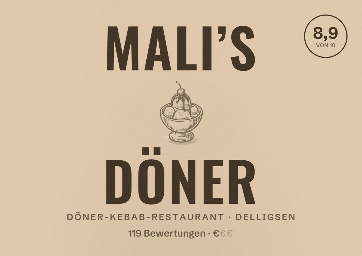 Illustriertes Poster von Mali’s Döner, Döner-Kebab-Restaurant in Delligsen: Bewertung 8,9 von 10 aus 119 Bewertungen, Preisniveau €