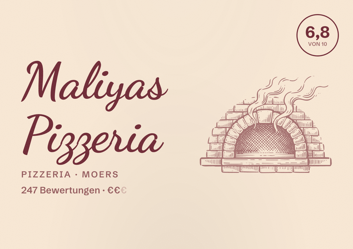 Illustriertes Poster von Maliyas Pizzeria, Pizzeria in Moers: Bewertung 6,8 von 10 aus 247 Bewertungen, Preisniveau €€