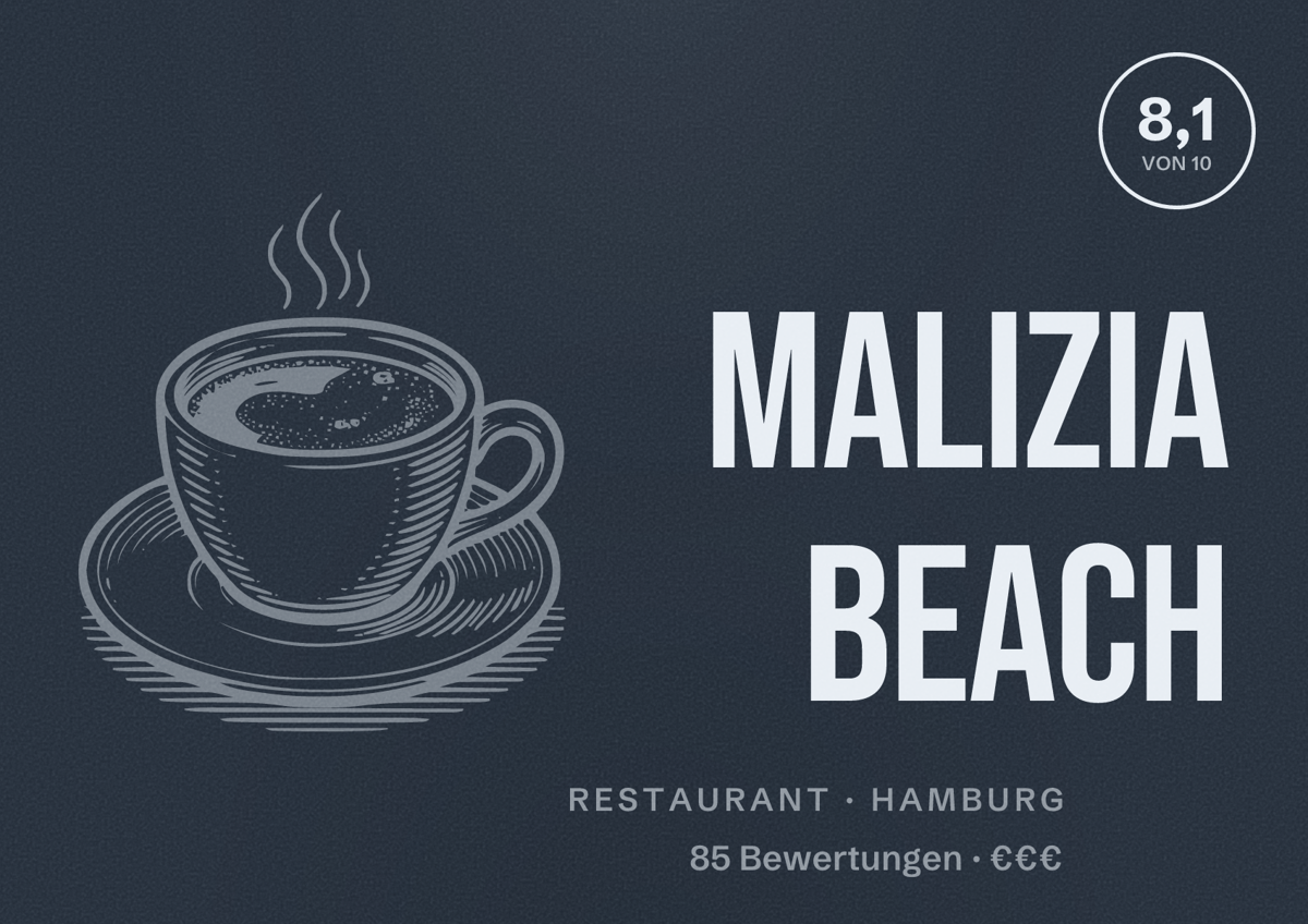 Illustriertes Poster von Malizia Beach, Restaurant in Hamburg: Bewertung 8,1 von 10 aus 85 Bewertungen, Preisniveau €€€