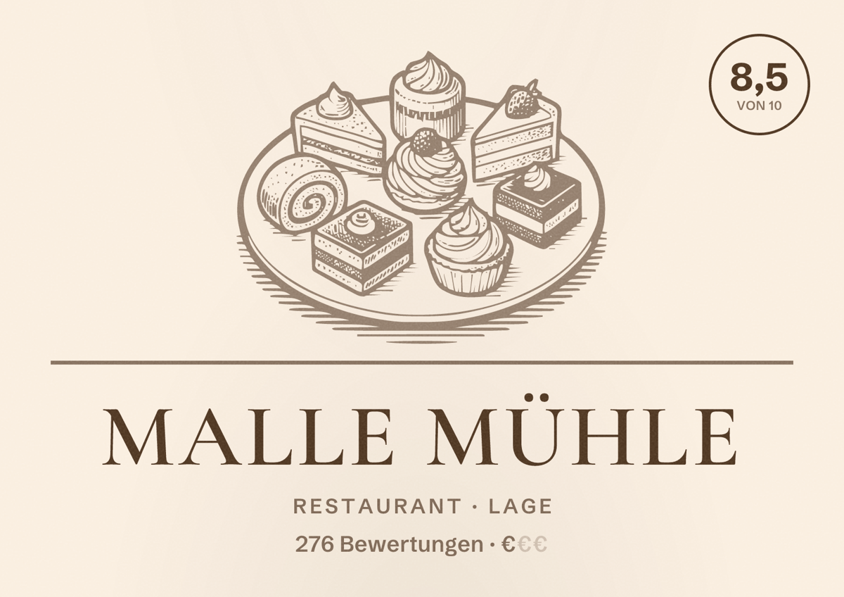 Illustriertes Poster von Malle Mühle, Restaurant in Lage: Bewertung 8,5 von 10 aus 276 Bewertungen, Preisniveau €