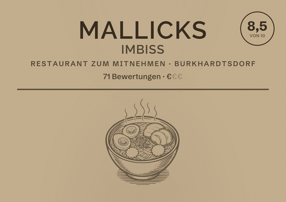 Illustriertes Poster von Mallicks Imbiss, Restaurant zum Mitnehmen in Burkhardtsdorf: Bewertung 8,5 von 10 aus 71 Bewertungen, Preisniveau €
