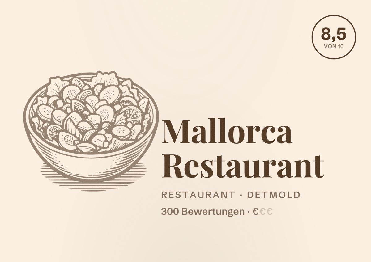Illustriertes Poster von Mallorca Restaurant, Restaurant in Detmold: Bewertung 8,5 von 10 aus 300 Bewertungen, Preisniveau €