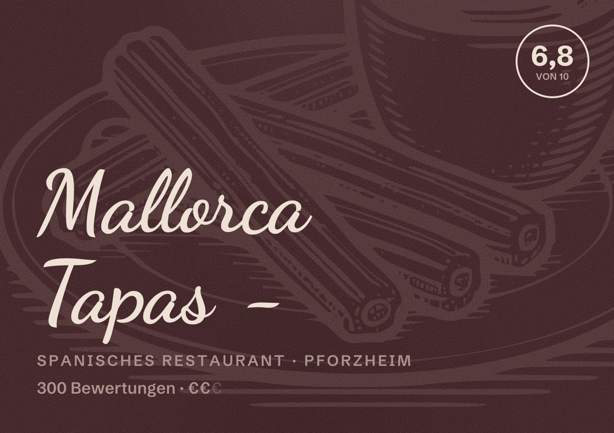 Illustriertes Poster von Mallorca Tapas -, Spanisches Restaurant in Pforzheim: Bewertung 6,8 von 10 aus 300 Bewertungen, Preisniveau €€