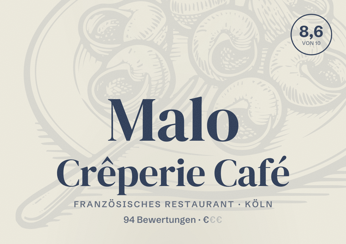 Illustriertes Poster von Malo Crêperie Café, Französisches Restaurant in Köln: Bewertung 8,6 von 10 aus 94 Bewertungen, Preisniveau €