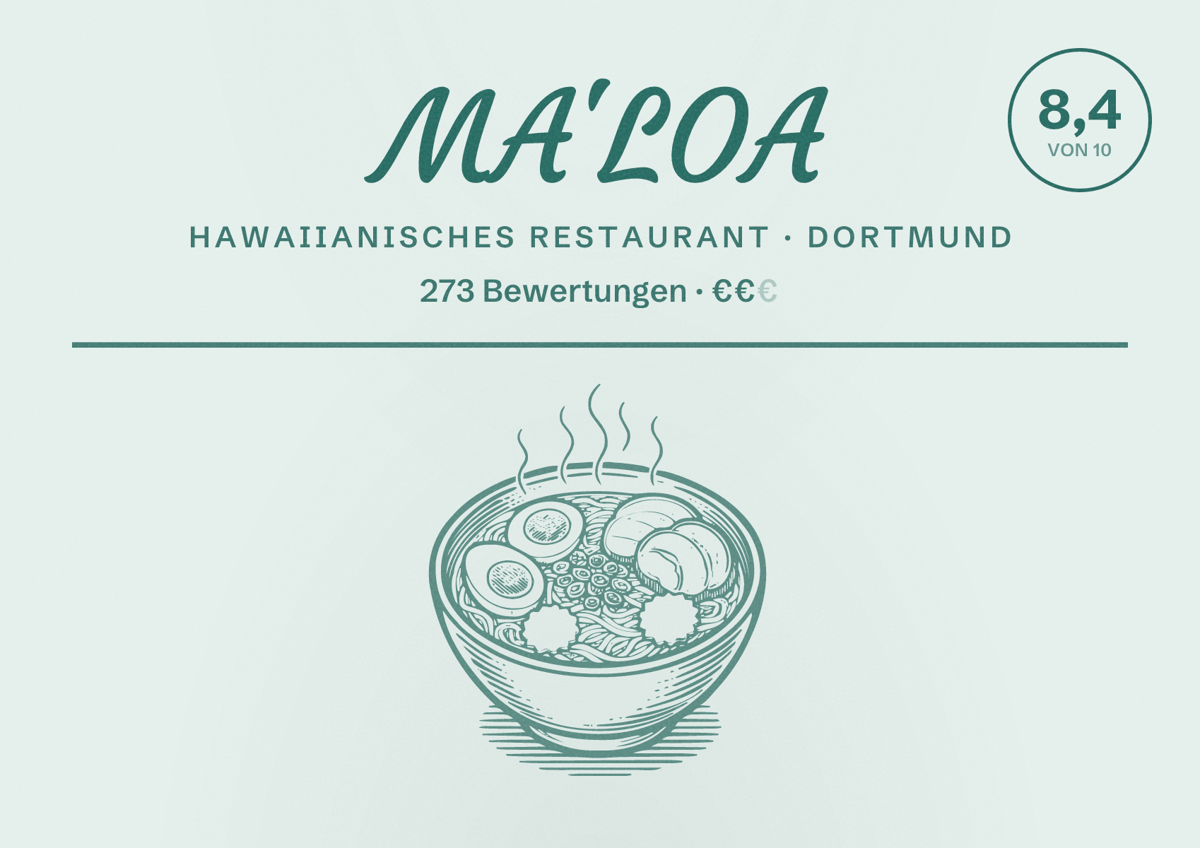 Illustriertes Poster von MA'LOA, Hawaiianisches Restaurant in Dortmund: Bewertung 8,4 von 10 aus 273 Bewertungen, Preisniveau €€