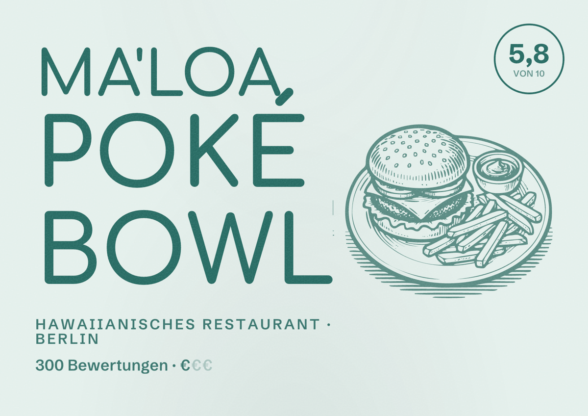 Illustriertes Poster von MA'LOA Poké Bowl, Hawaiianisches Restaurant in Berlin: Bewertung 5,8 von 10 aus 300 Bewertungen, Preisniveau €