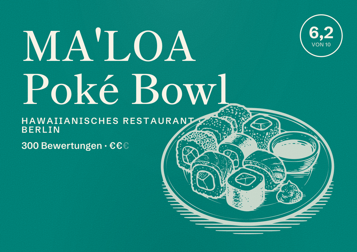 Illustriertes Poster von MA'LOA Poké Bowl, Hawaiianisches Restaurant in Berlin: Bewertung 6,2 von 10 aus 300 Bewertungen, Preisniveau €€