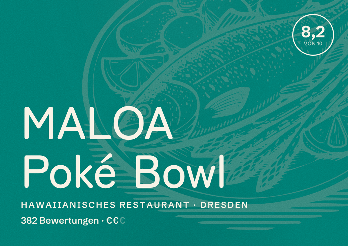 Illustriertes Poster von MALOA Poké Bowl, Hawaiianisches Restaurant in Dresden: Bewertung 8,2 von 10 aus 382 Bewertungen, Preisniveau €€
