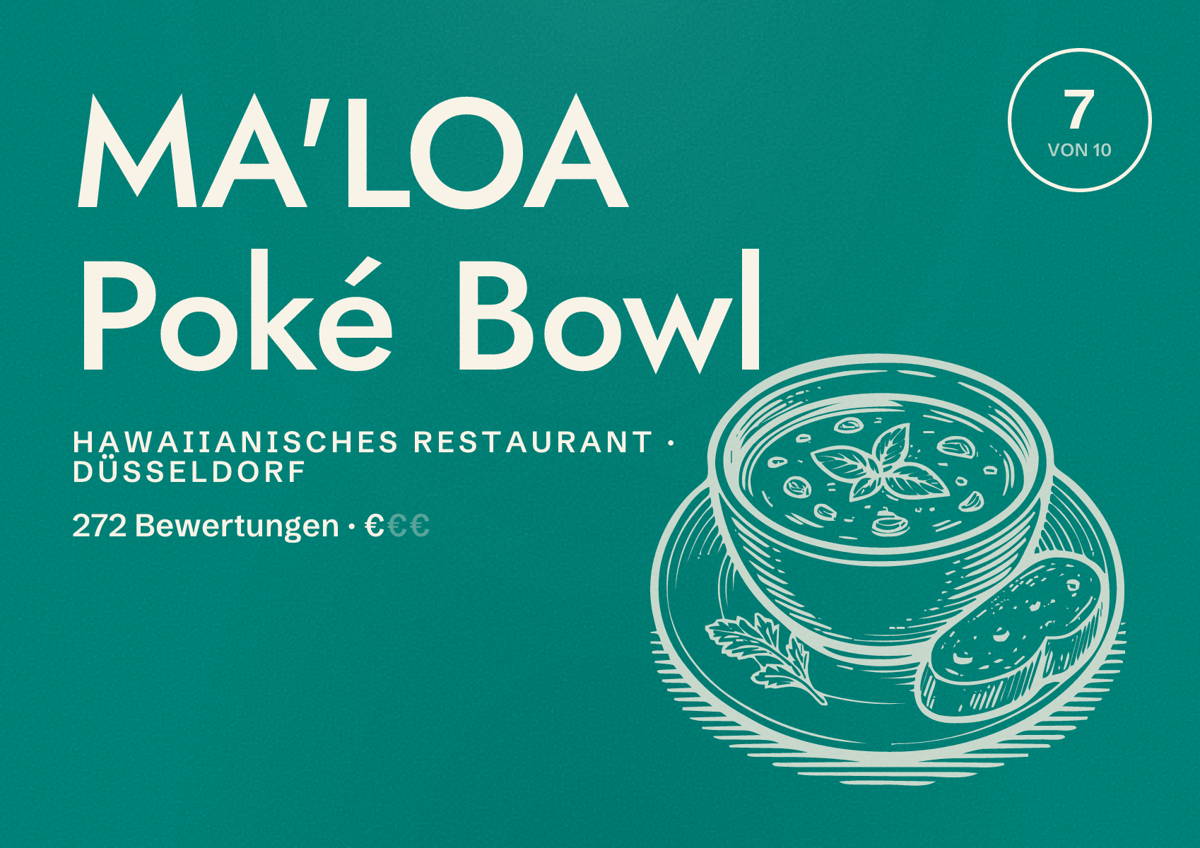 Illustriertes Poster von MA'LOA Poké Bowl, Hawaiianisches Restaurant in Düsseldorf: Bewertung 7,0 von 10 aus 272 Bewertungen, Preisniveau €