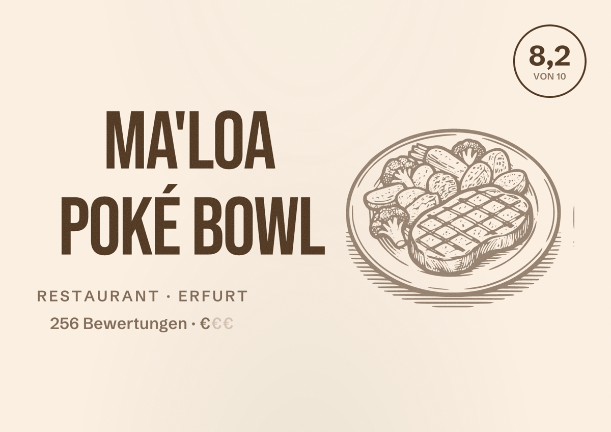 Illustriertes Poster von MA'LOA Poké Bowl, Restaurant in Erfurt: Bewertung 8,2 von 10 aus 256 Bewertungen, Preisniveau €