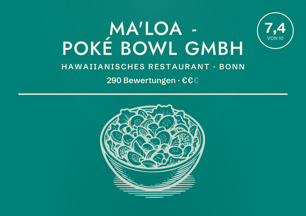 Illustriertes Poster von Ma'Loa - Poké Bowl GmbH, Hawaiianisches Restaurant in Bonn: Bewertung 7,4 von 10 aus 290 Bewertungen, Preisniveau €€