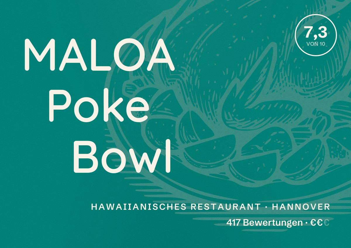 Illustriertes Poster von MALOA Poke Bowl, Hawaiianisches Restaurant in Hannover: Bewertung 7,3 von 10 aus 417 Bewertungen, Preisniveau €€