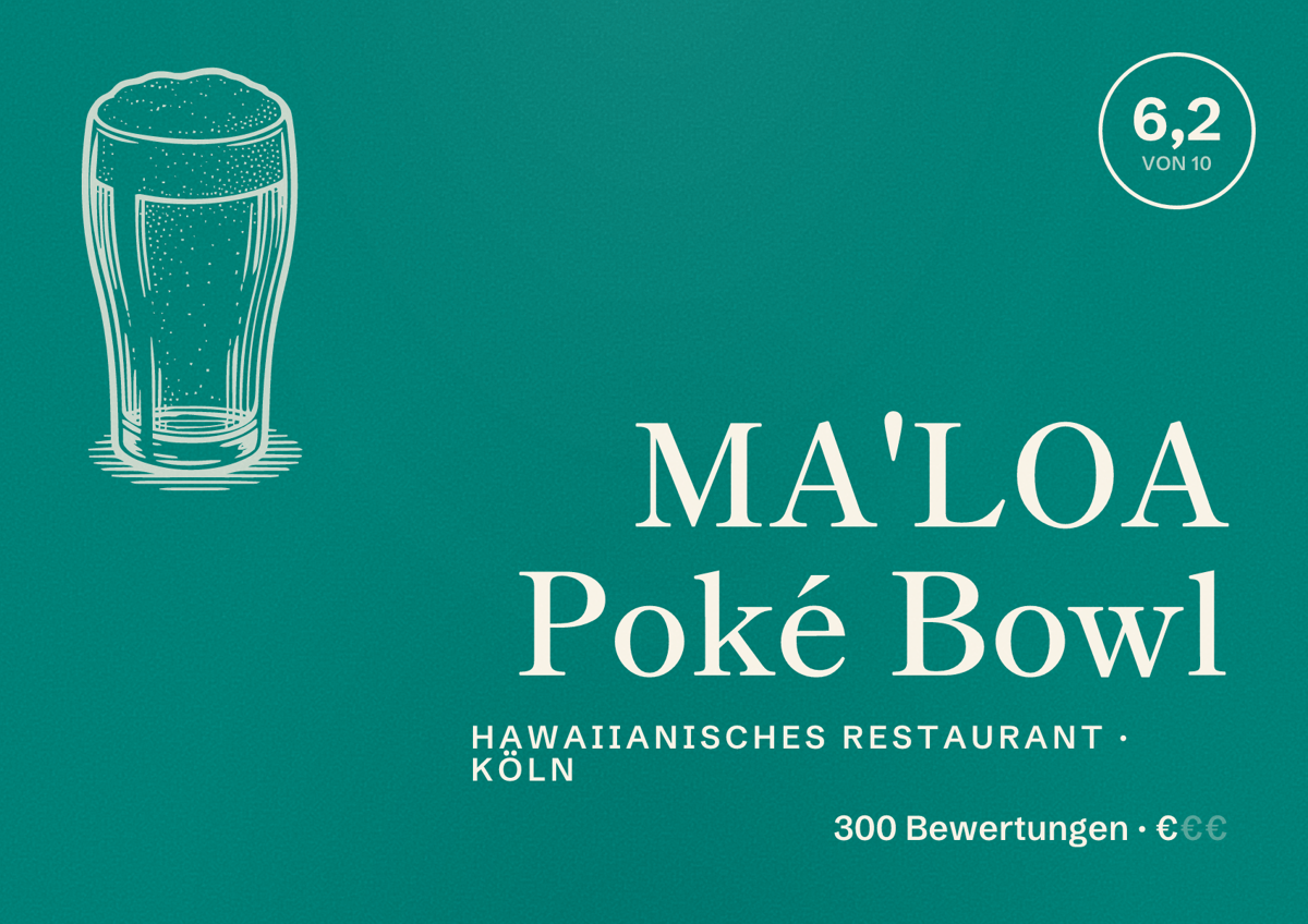 Illustriertes Poster von MA'LOA Poké Bowl, Hawaiianisches Restaurant in Köln: Bewertung 6,2 von 10 aus 300 Bewertungen, Preisniveau €