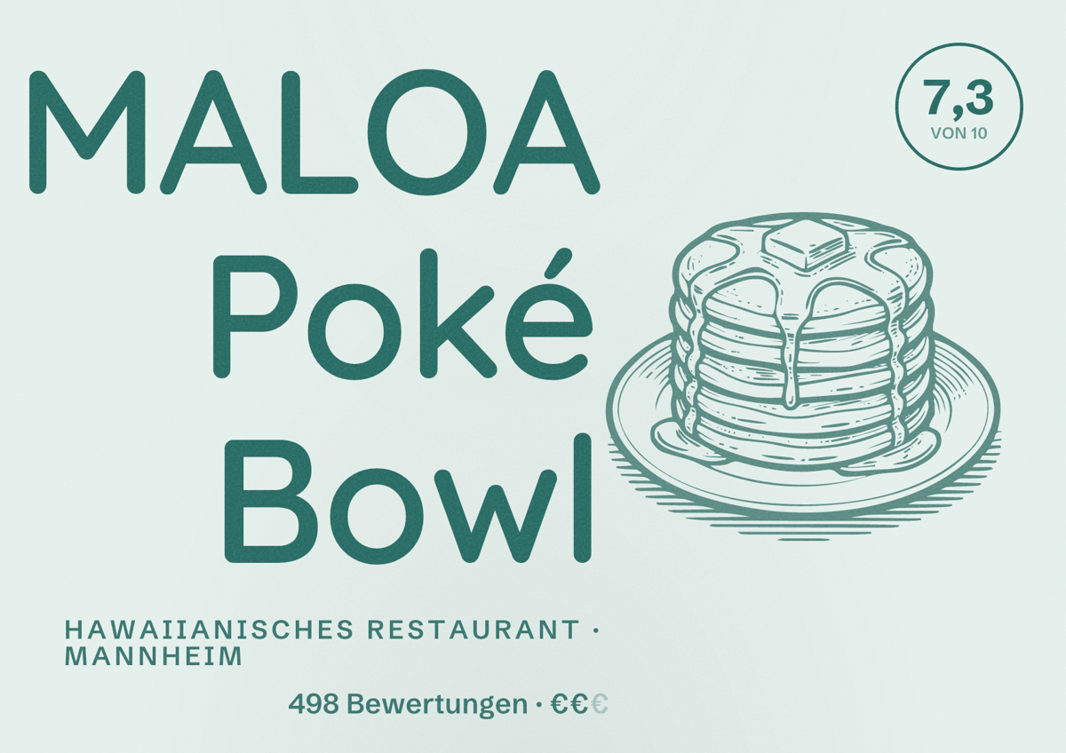 Illustriertes Poster von MALOA Poké Bowl, Hawaiianisches Restaurant in Mannheim: Bewertung 7,3 von 10 aus 498 Bewertungen, Preisniveau €€