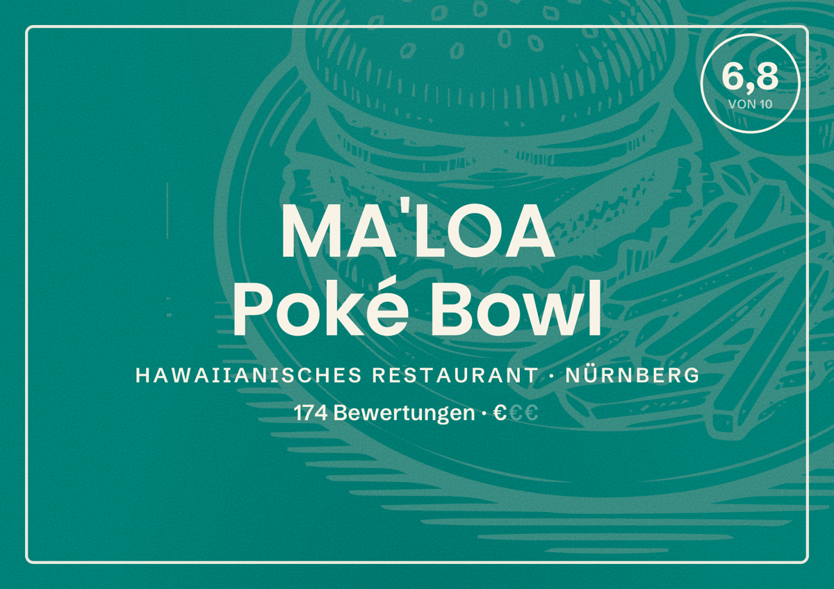 Illustriertes Poster von MA'LOA Poké Bowl, Hawaiianisches Restaurant in Nürnberg: Bewertung 6,8 von 10 aus 174 Bewertungen, Preisniveau €