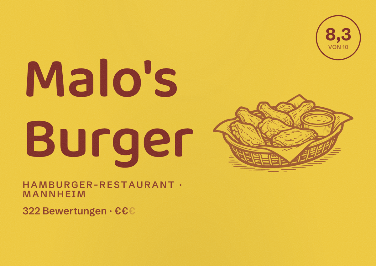 Illustriertes Poster von Malo's Burger, Hamburger-Restaurant in Mannheim: Bewertung 8,3 von 10 aus 322 Bewertungen, Preisniveau €€