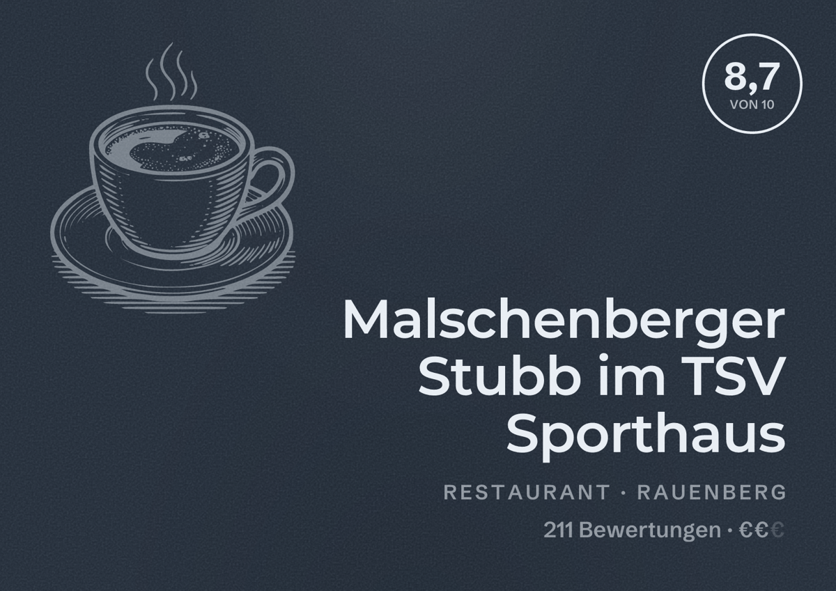 Illustriertes Poster von Malschenberger Stubb im TSV Sporthaus, Restaurant in Rauenberg: Bewertung 8,7 von 10 aus 211 Bewertungen, Preisniveau €€