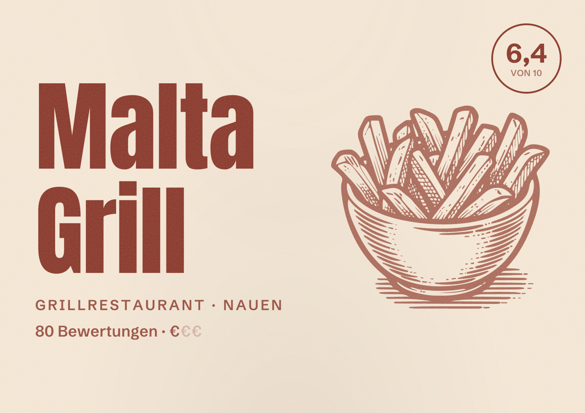 Illustriertes Poster von Malta Grill, Grillrestaurant in Nauen: Bewertung 6,4 von 10 aus 80 Bewertungen, Preisniveau €
