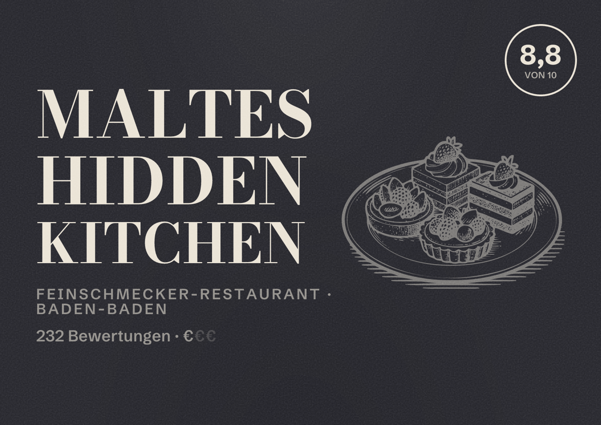 Illustriertes Poster von Maltes Hidden Kitchen, Feinschmecker-Restaurant in Baden-Baden: Bewertung 8,8 von 10 aus 232 Bewertungen, Preisniveau €