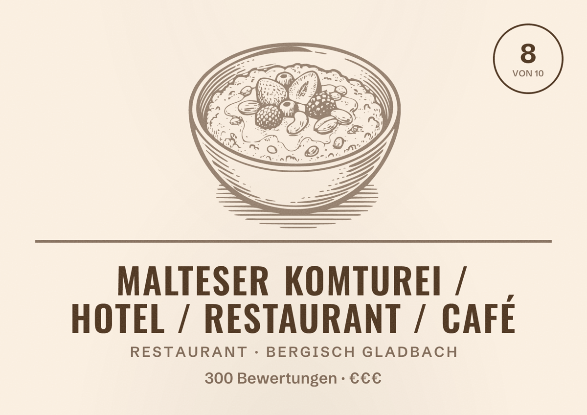 Illustriertes Poster von Malteser Komturei / Hotel / Restaurant / Café, Restaurant in Bergisch Gladbach: Bewertung 8 von 10 aus 300 Bewertungen, Preisniveau €€€
