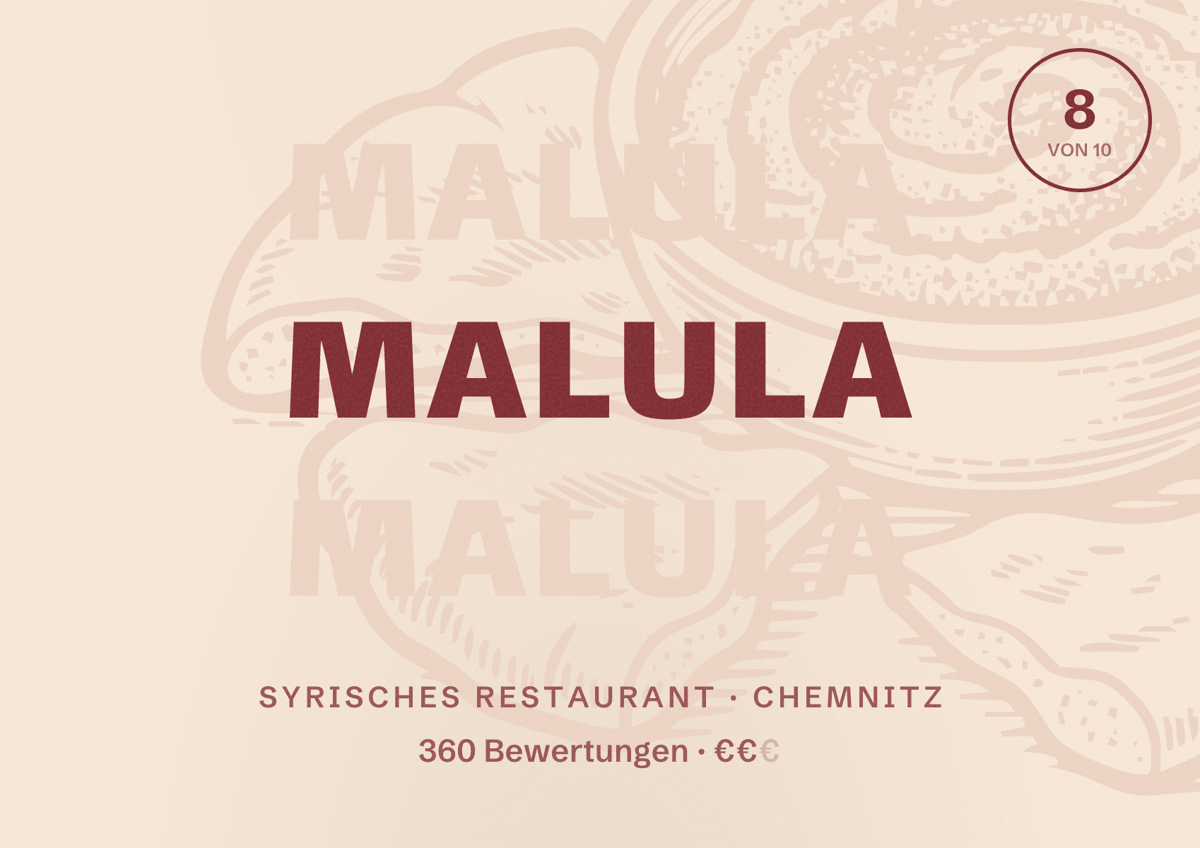 Illustriertes Poster von Malula, Syrisches Restaurant in Chemnitz: Bewertung 8,0 von 10 aus 360 Bewertungen, Preisniveau €€