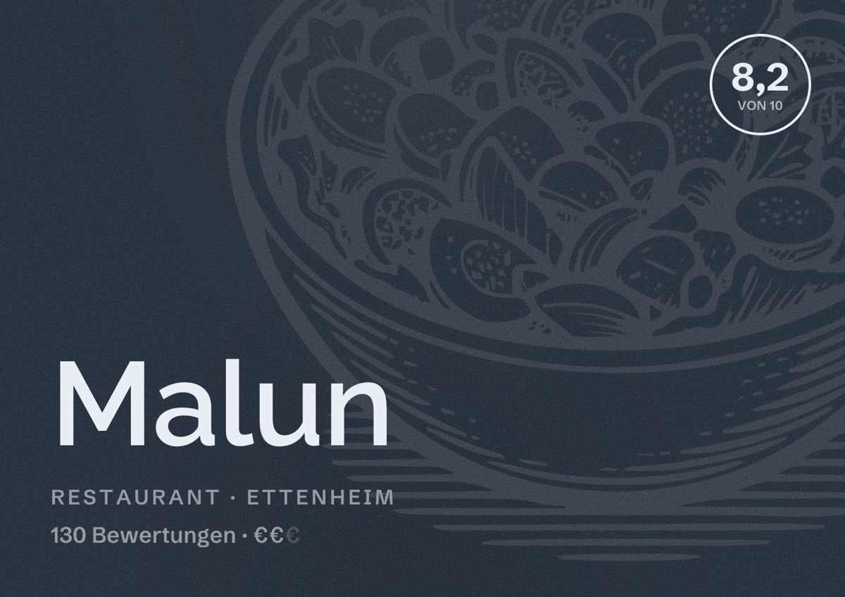 Illustriertes Poster von Malun, Restaurant in Ettenheim: Bewertung 8,2 von 10 aus 130 Bewertungen, Preisniveau €€
