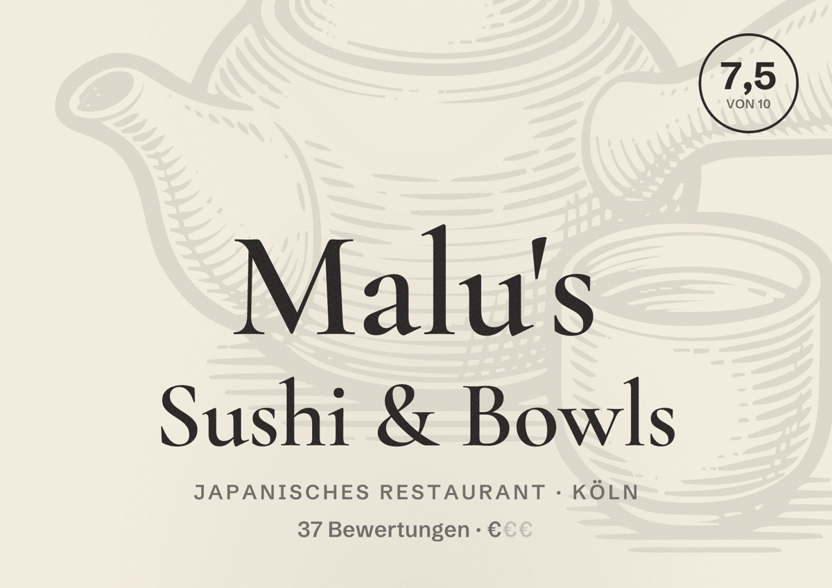 Illustriertes Poster von Malu's Sushi & Bowls, Japanisches Restaurant in Köln: Bewertung 7,5 von 10 aus 37 Bewertungen, Preisniveau €